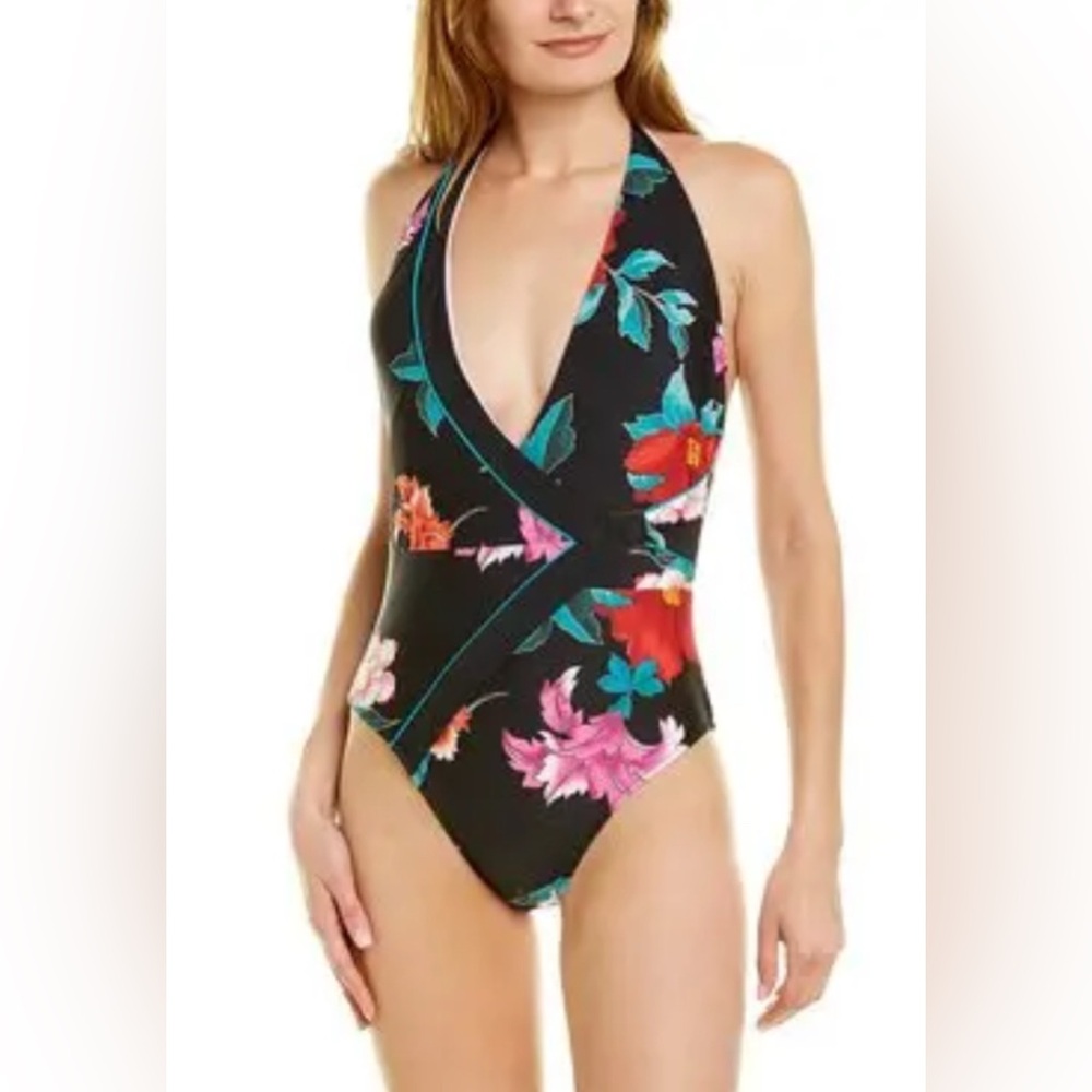 Nanette Lepore floral tropical wrap halter one piece bathing suit‎ size 8